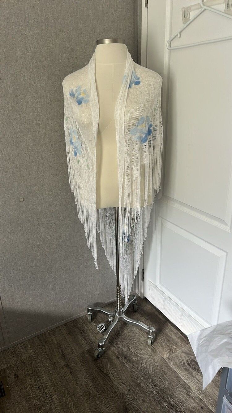 White Floral Fringe Shawl with Blue Accents